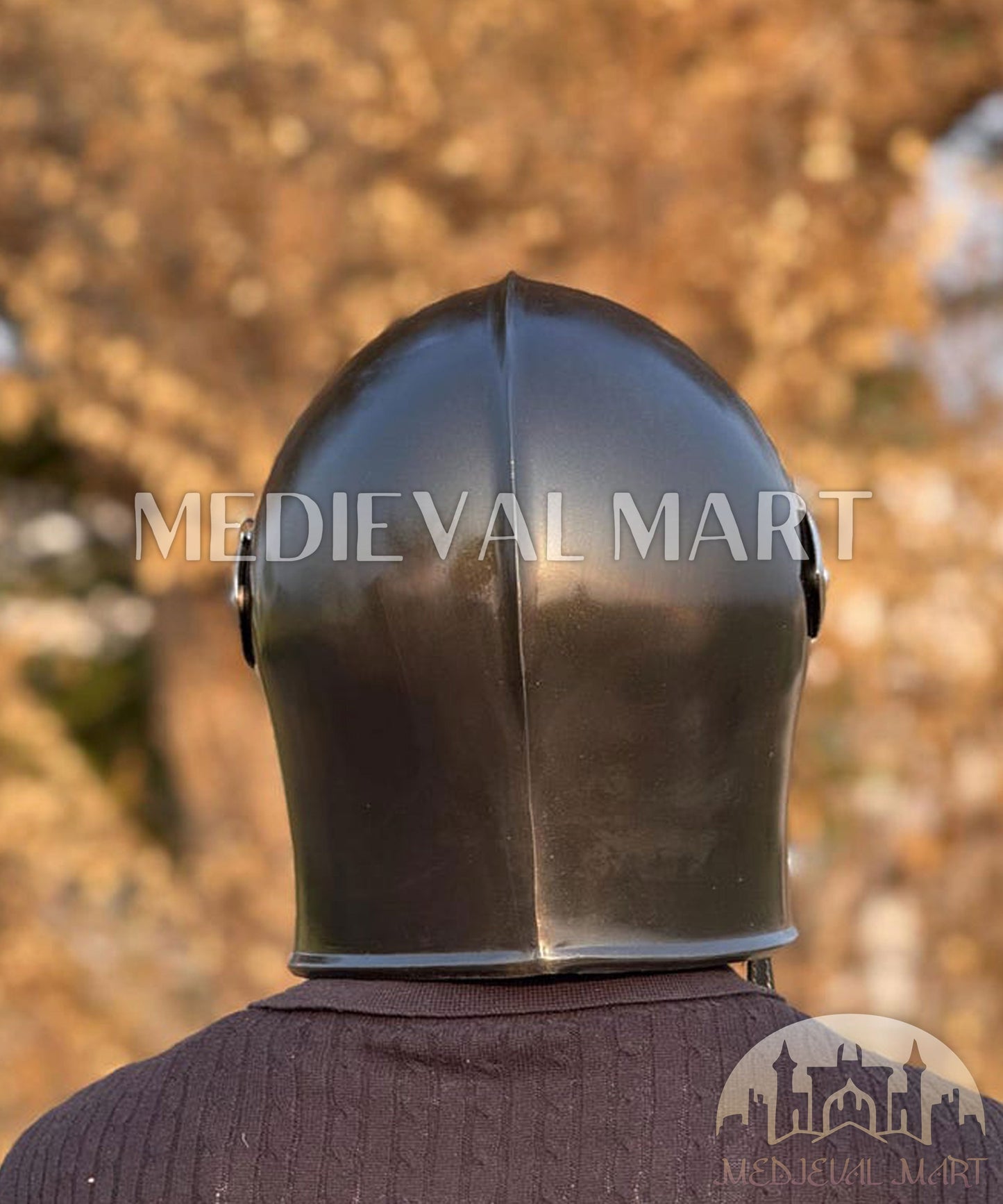MEDIEVALMART Medieval Knight Armor 18g Mild Steel Black Barbuta Helmet for LARP or Cosplay - Gift For Dad