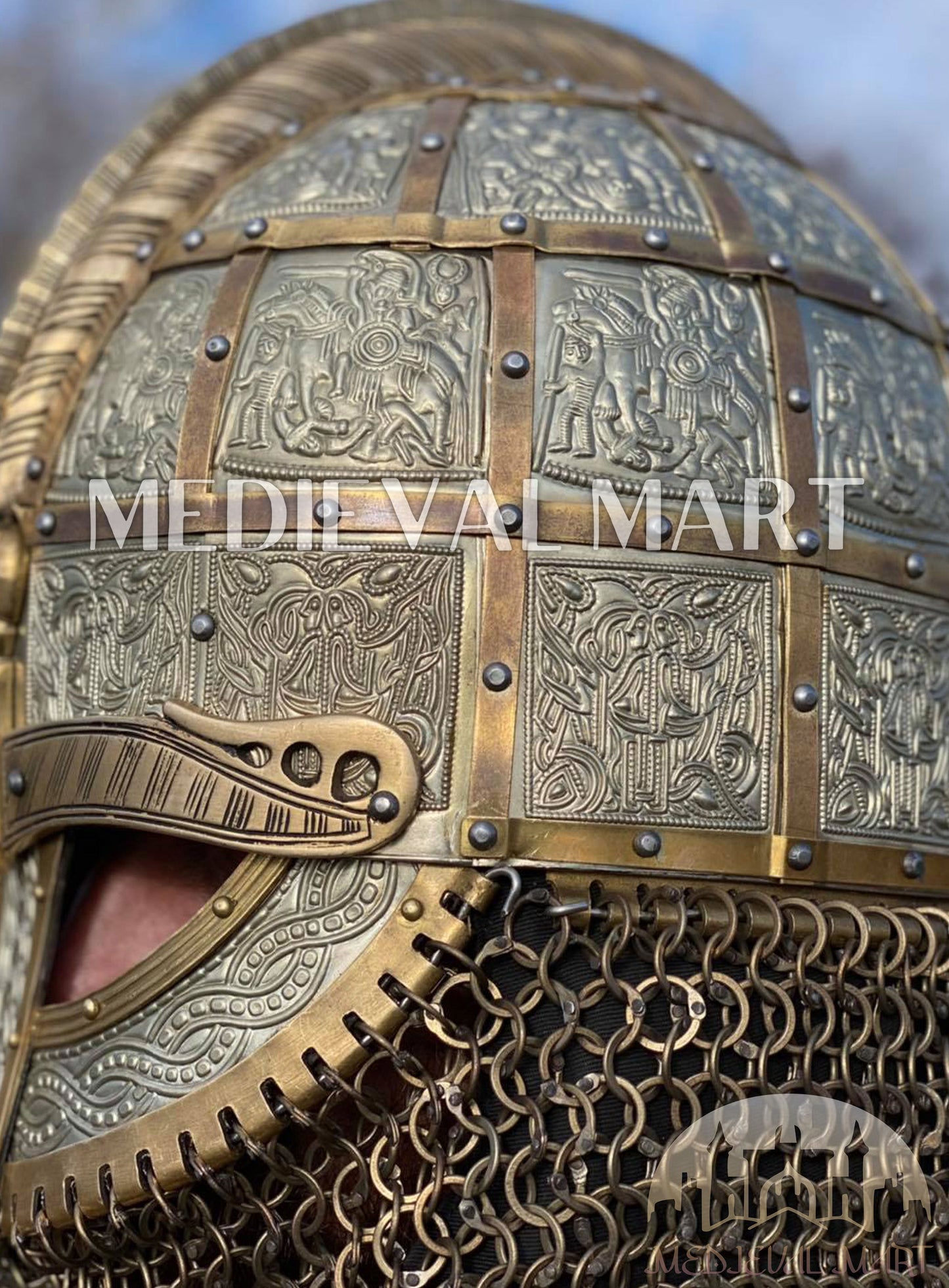 MEDIEVALMART Medieval Viking Vendel Period Broa Helmet with Brass Decoration & Titanium Chainmail
