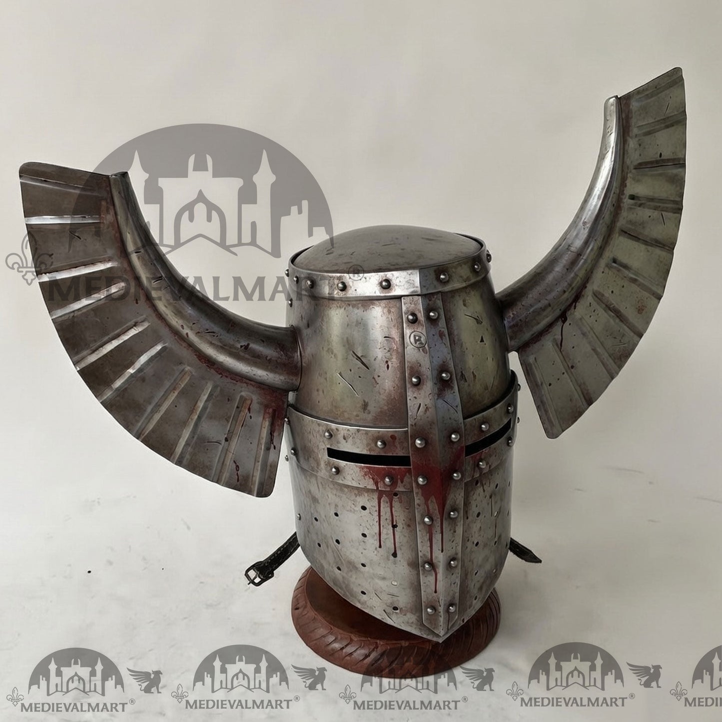 MEDIEVALMART Medieval Templar Warrior Teutonic Damage Silver W/H Blood Finish Wing Helmet with Free Stand