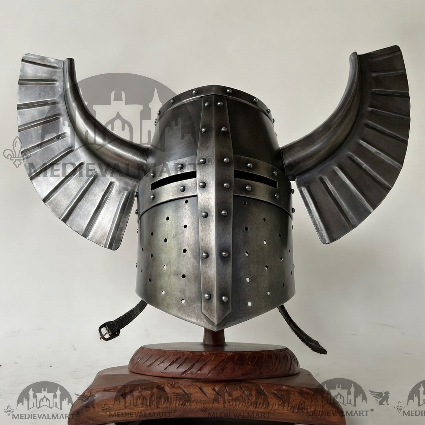 MEDIEVALMART Medieval Templar Warrior Teutonic Antique Silver Finish Wing Helmet with Free Stand