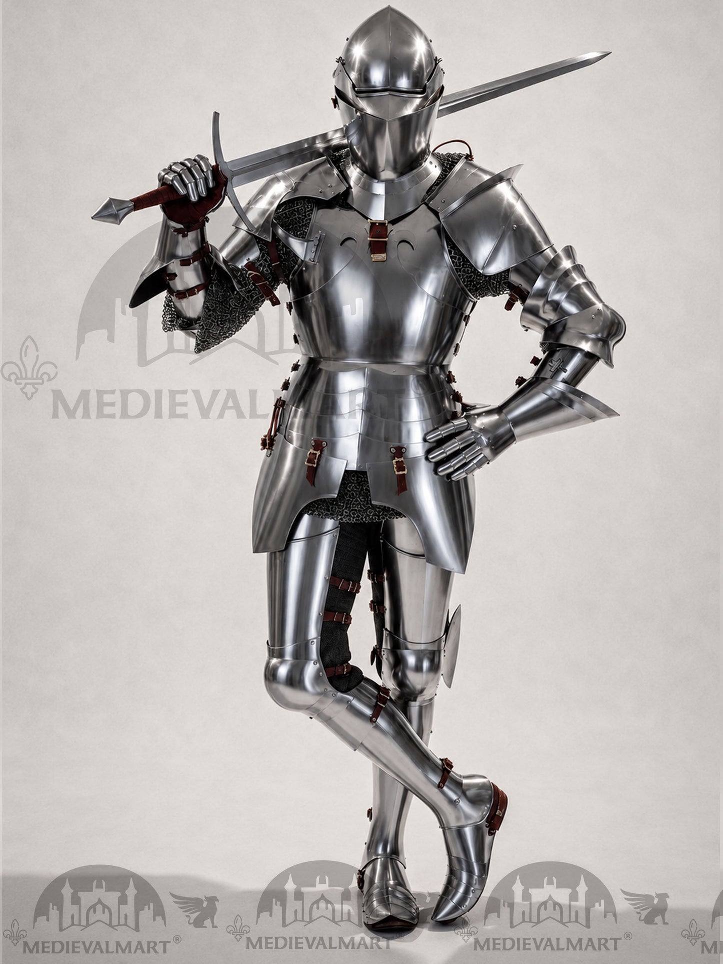 MEDIEVALMART 14th-Cen European English Hardend Steel Plate Armor Buff Polish W/H Houndskull Closed Bascinet
