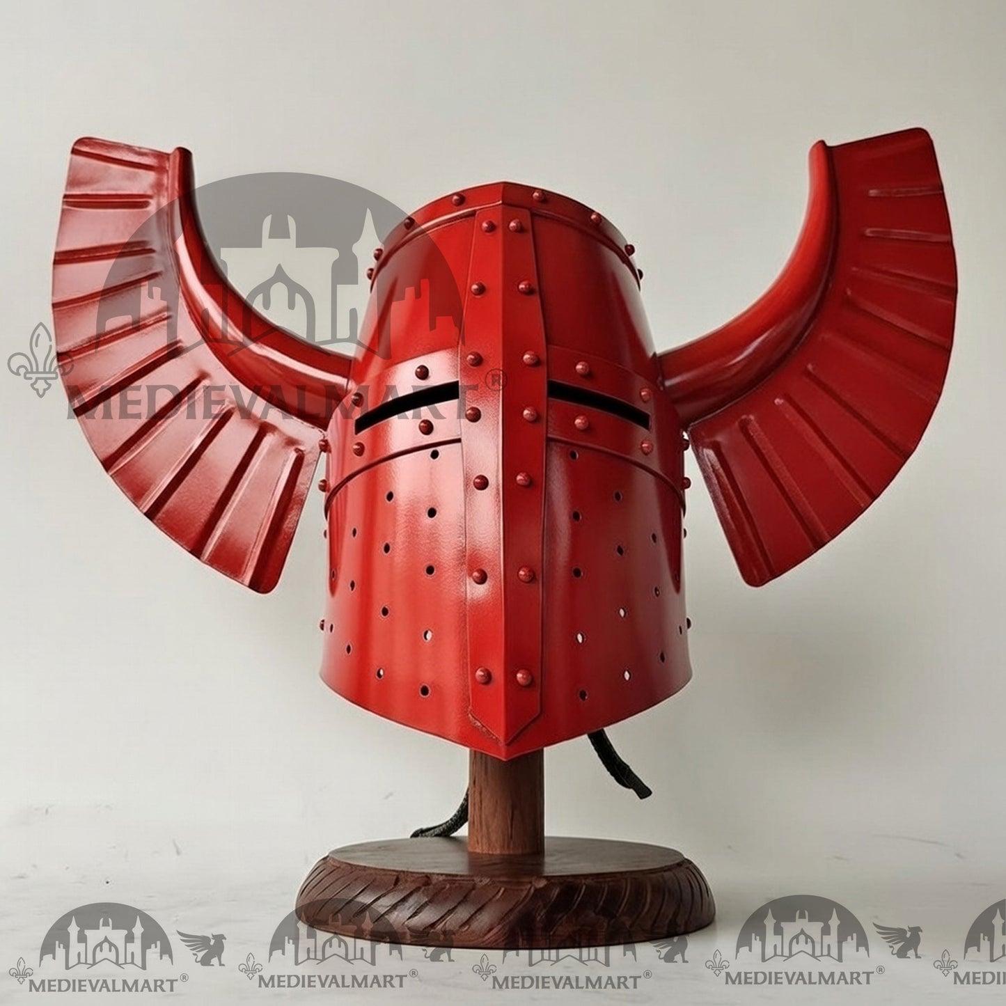 MEDIEVALMART Medieval Templar Warrior Teutonic Red Finish Wing Helmet with Free Stand