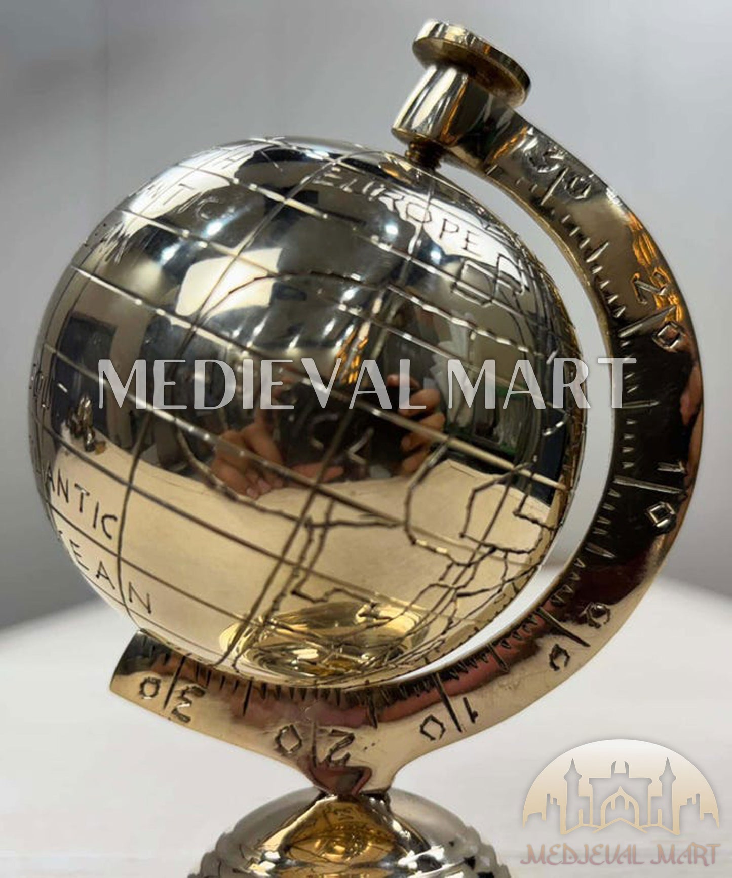 MEDIEVALMART Handmade Solid Brass World Globe: Etched Map, Rotating Desk Decor Gift for Christmas Day