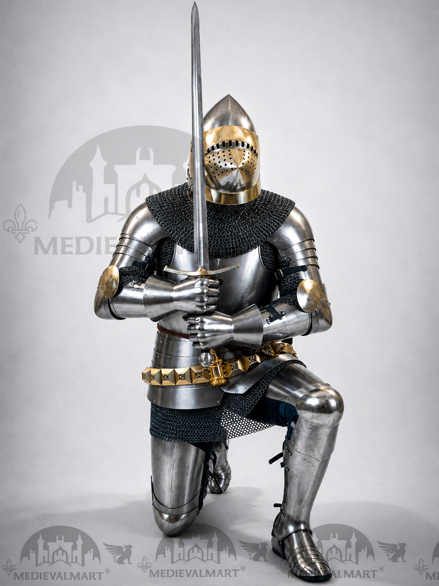 MEDIEVALMART Historical Knight Full Body Steel Armor Suit W/H Hundsgugel Helmet, Cuirass Stop Rib or Brass Touch