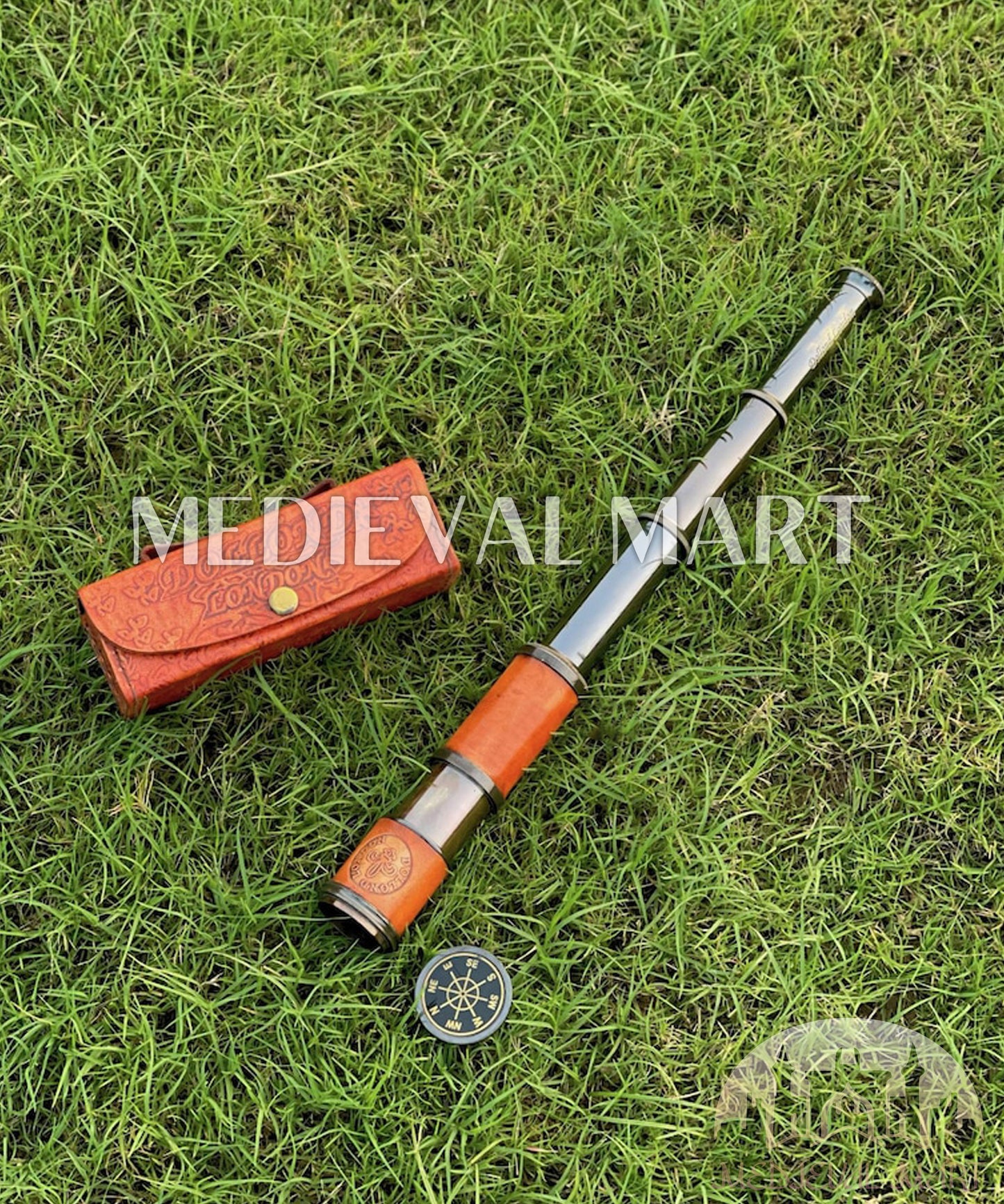 MEDIEVALMART Nautical Spyglass Antique Brass Engraved Telescope W/H Red Leather Case