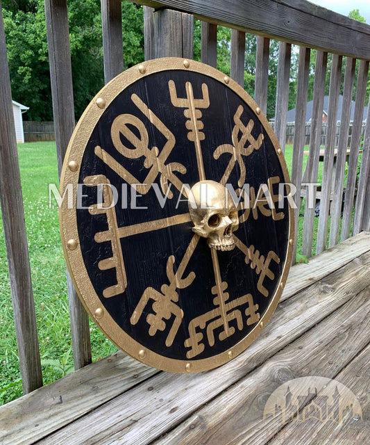 MEDIEVALMART Viking's Iconic Vegvisir Skull and Compass   Battleworn Viking Wooden Shield | Gifts For Dad