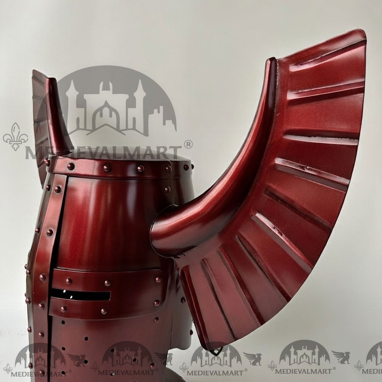 MEDIEVALMART Medieval Templar Warrior Teutonic Maroon Red Finish Wing Helmet with Free Stand