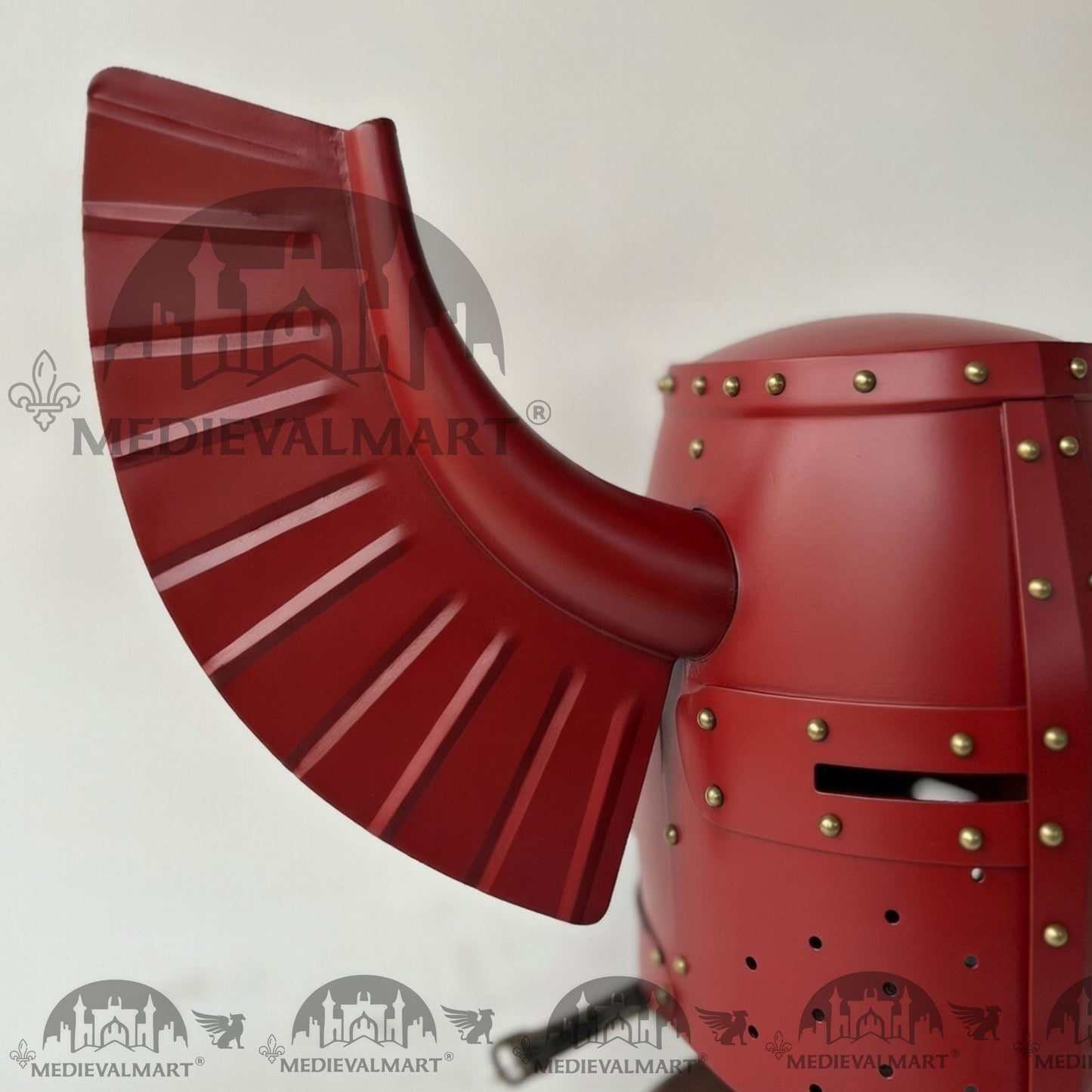 MEDIEVALMART Medieval Templar Warrior Teutonic Antique Red W/H Gold Rivets Wing Helmet with Free Stand