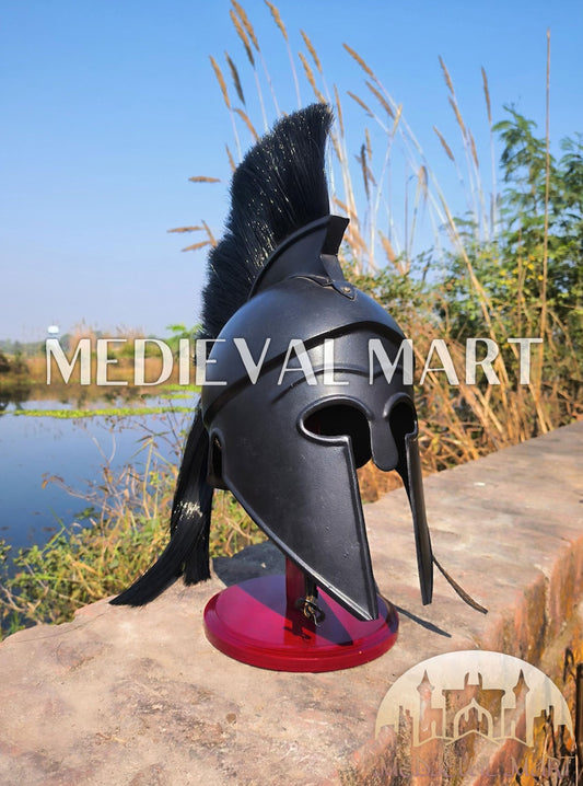 MEDIEVALMART Corinthian Greek Knight Crusader Black Finish Spartan Helmet W/H Free Stand | 300 Props