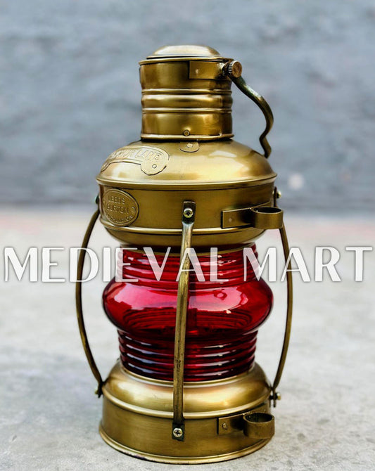 MEDIEVALMART Nautical Vintage Brass Red Glass Ship Oil Lamp - Personal Engraving Marine Lantern