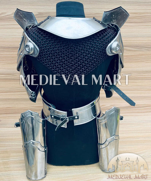 MEDIEVALMART (Cuirasse de Dragon Isolara) Armure pour femme avec cotte de mailles noire (Chevalier de l'ombre) + Ceinture de givre + Armure de bras