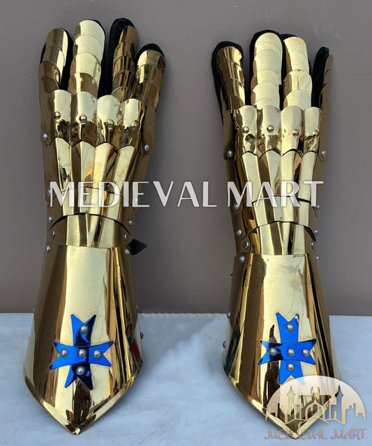 MEDIEVALMART LOTR Witcher Sauron-Inspired Gold Gauntlet Edition Set with Blue Star - Cosplay Gloves Armor