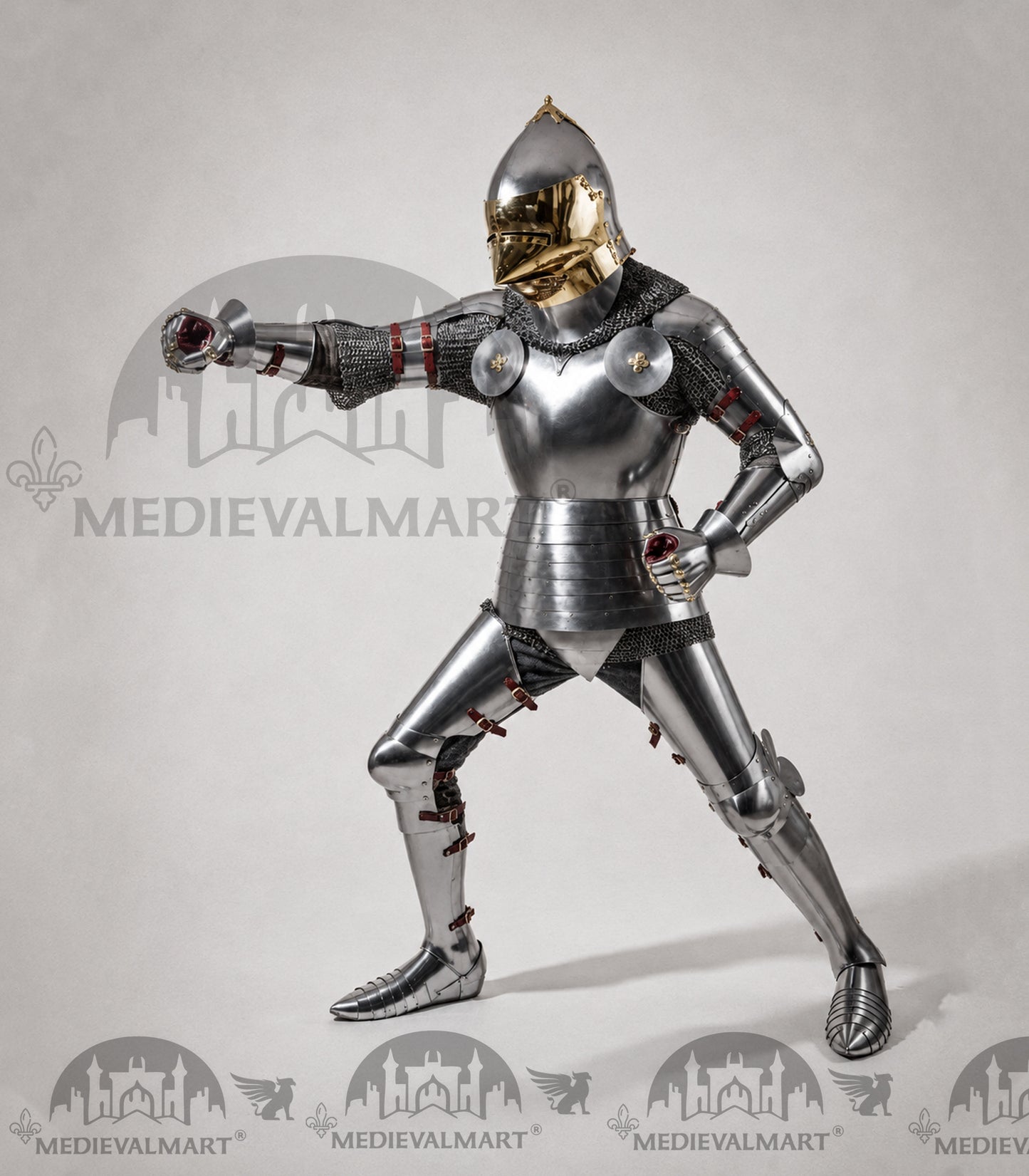 MEDIEVALMART 15th-Century English knight Warrior Gothic Plate Armor Costume W/H Gold Face Hounskull Helmet