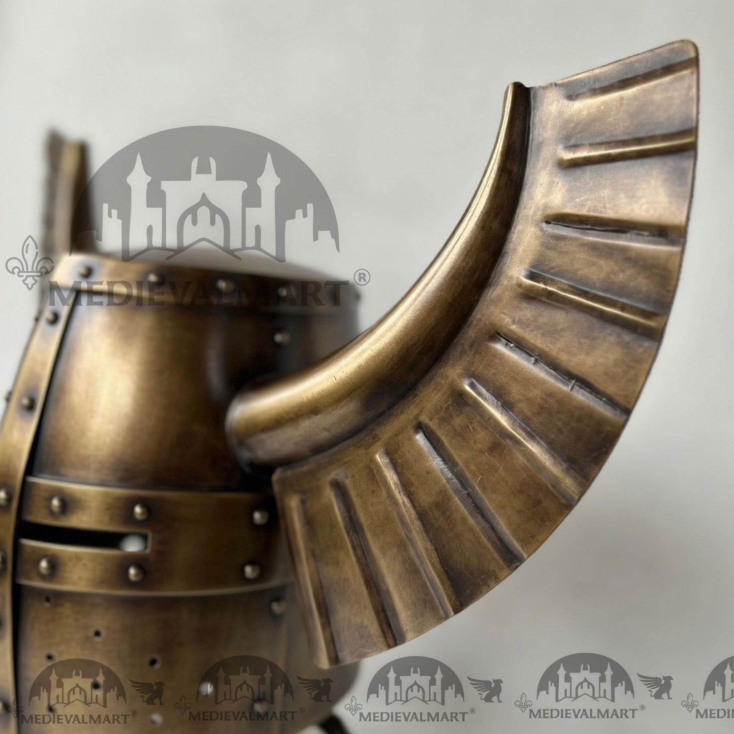 MEDIEVALMART Medieval Templar Warrior Teutonic Antique Gold Finish Wing Helmet with Free Stand