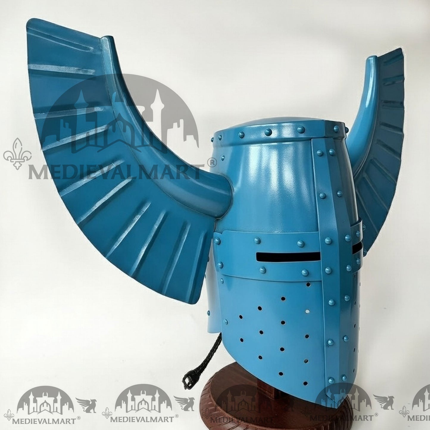 MEDIEVALMART Medieval Templar Warrior Teutonic Aqua Blue Finish Wing Helmet with Free Stand