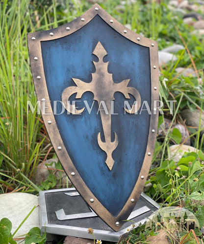 MEDIEVALMART Medieval Templar Devil Zelda Cross Inspired Wooden Shield Bliue & Gold Finish | Gift for Christmas Day