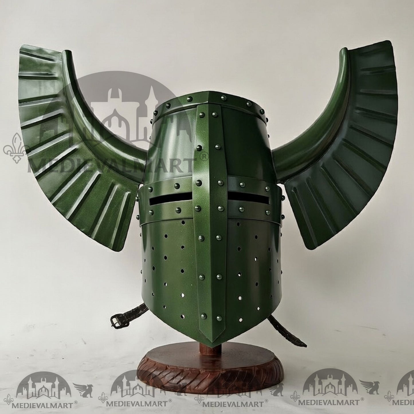 MEDIEVALMART Medieval Templar Warrior Teutonic Jade Green Finish Wing Helmet with Free Stand
