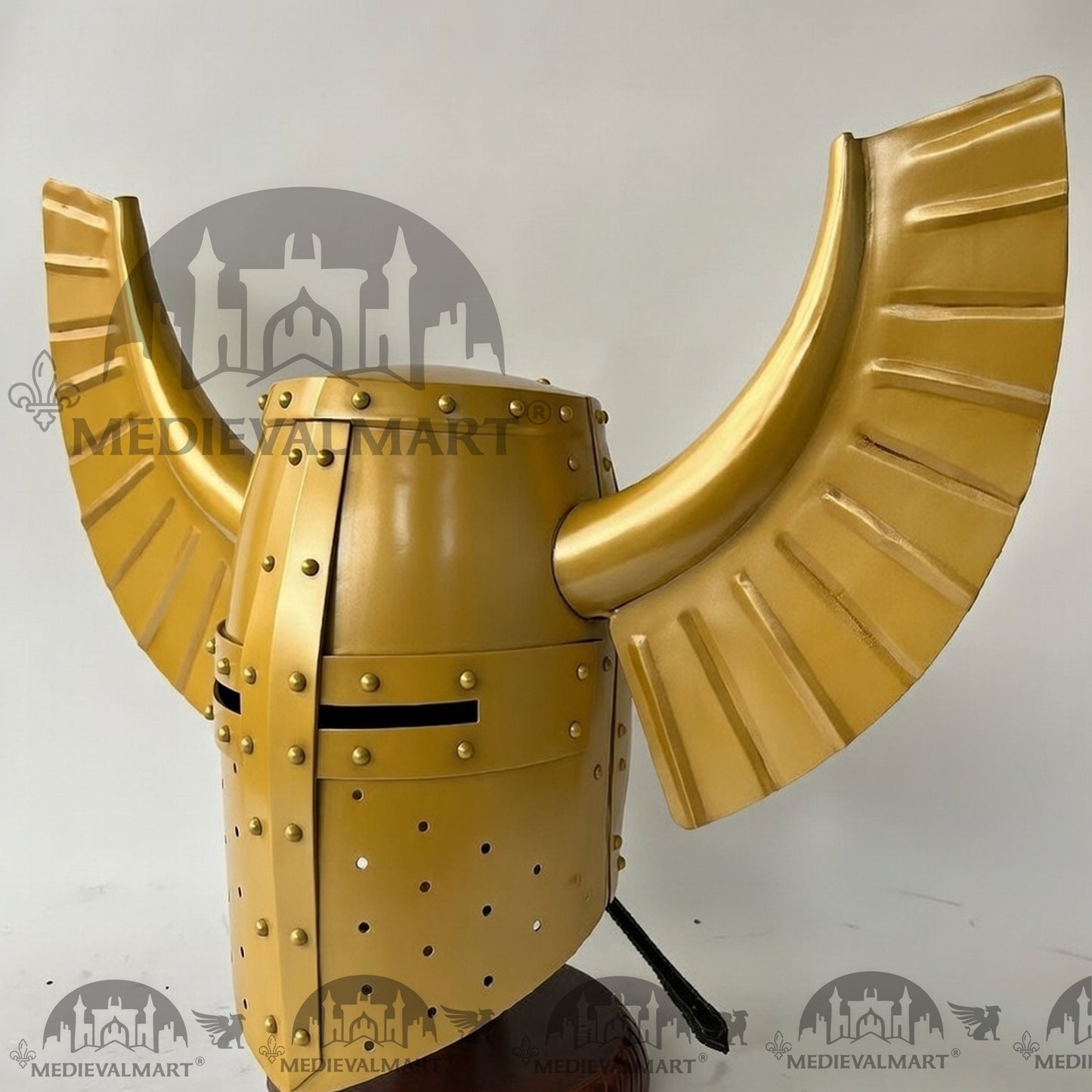 MEDIEVALMART Medieval Templar Warrior Teutonic Yellow Finish Wing Helmet with Free Stand