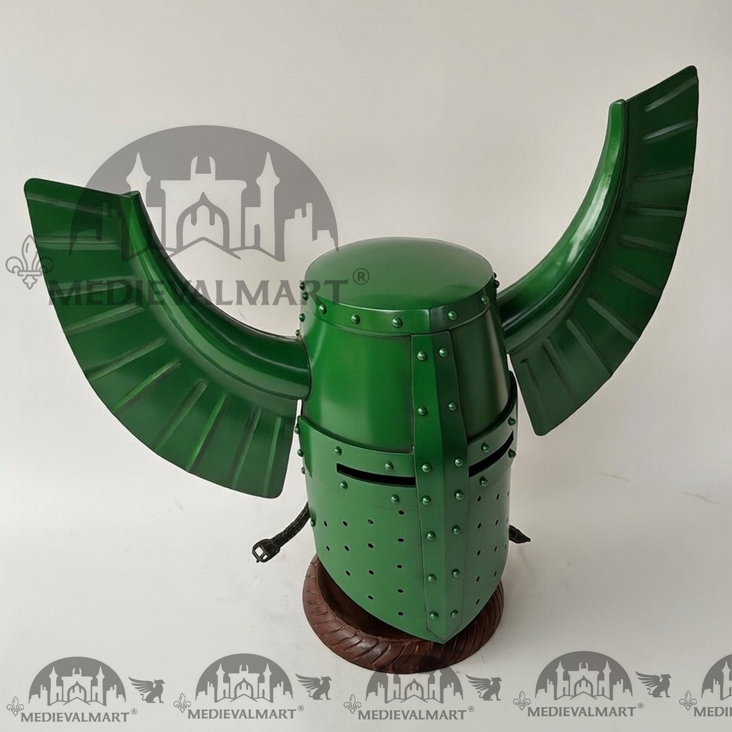 MEDIEVALMART Medieval Templar Warrior Teutonic Green Finish Wing Helmet with Free Stand
