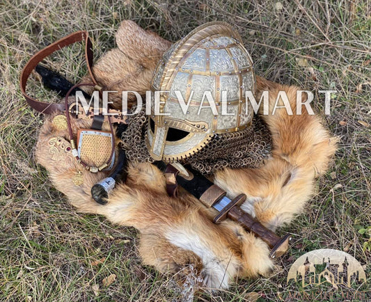 MEDIEVALMART Medieval Viking Vendel Period Broa Helmet with Bass Decoration & Titanium Chainmail