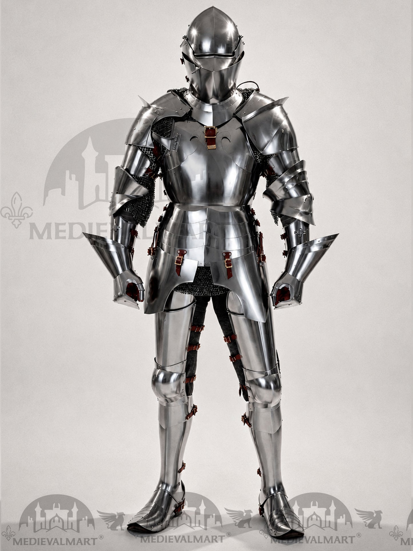 MEDIEVALMART 14th-Cen European English Hardend Steel Plate Armor Buff Polish W/H Houndskull Closed Bascinet