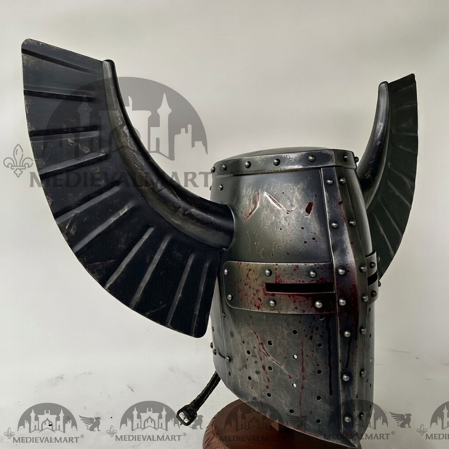MEDIEVALMART Medieval Templar Warrior Teutonic Damage Black W/H Blood Finish Wing Helmet with Free Stand