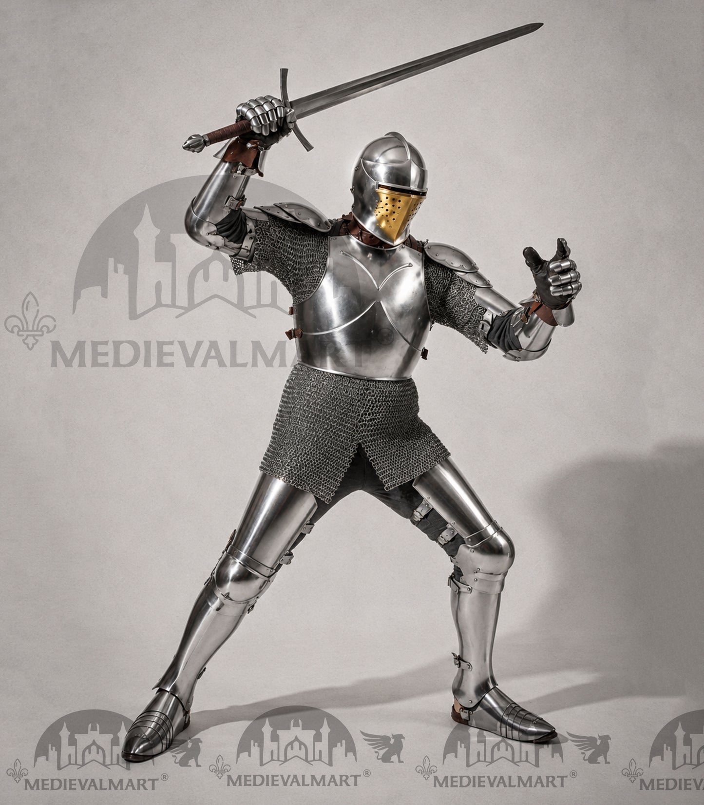 MEDIEVALMART Armure complète de combat authentique du XIVe siècle avec épée et cotte de mailles intérieure