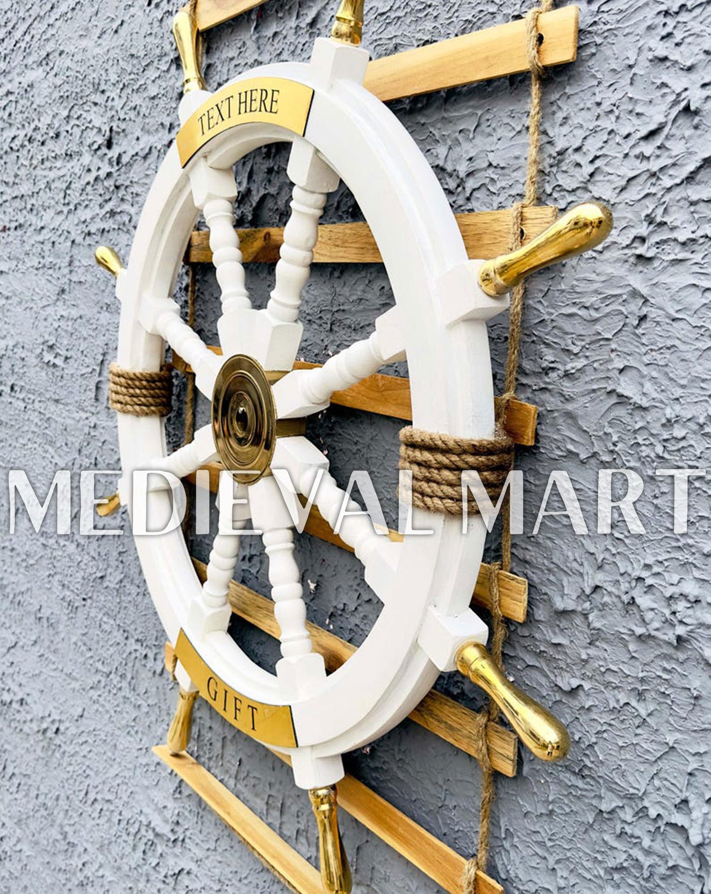 MEDIEVALMART Nautical Brass Decoration Wooden Ship Wheel White Finish - Personal Engraving Marine Wall Decor