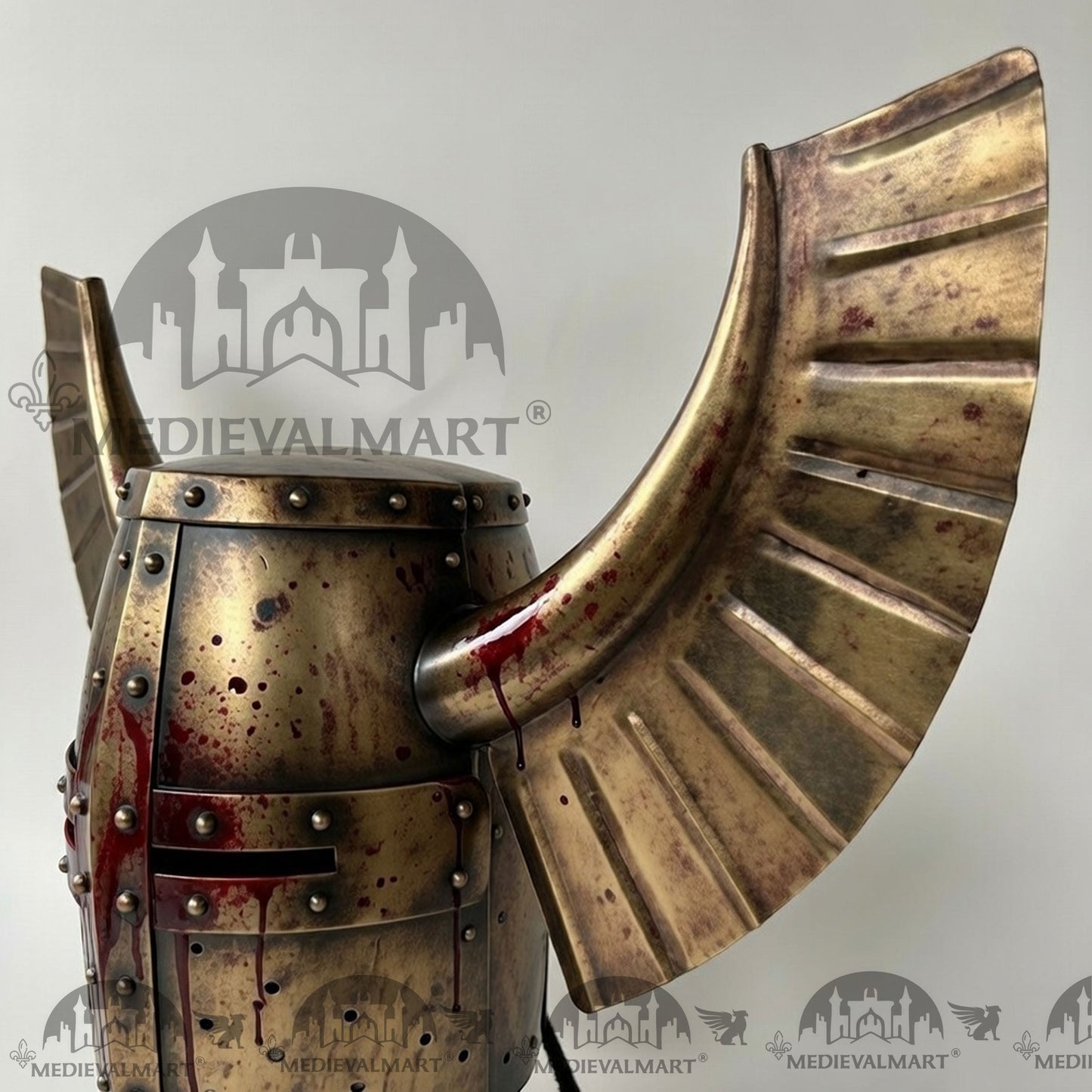MEDIEVALMART Medieval Templar Warrior Teutonic Damage Gold W/H Blood Finish Finish Wing Helmet with Free Stand