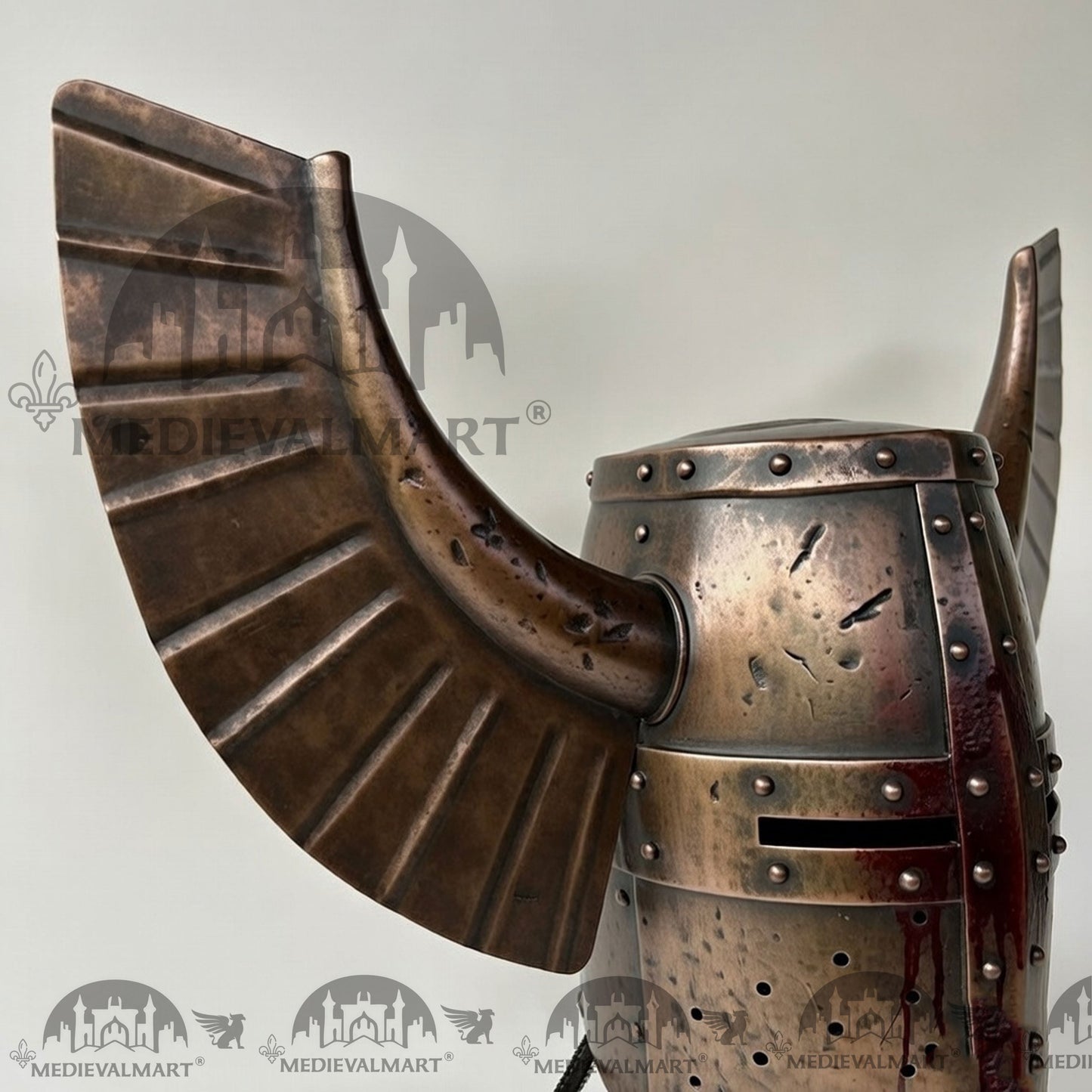 MEDIEVALMART Medieval Templar Warrior Teutonic Damage Copper W/H Blood Finish Wing Helmet with Free Stand