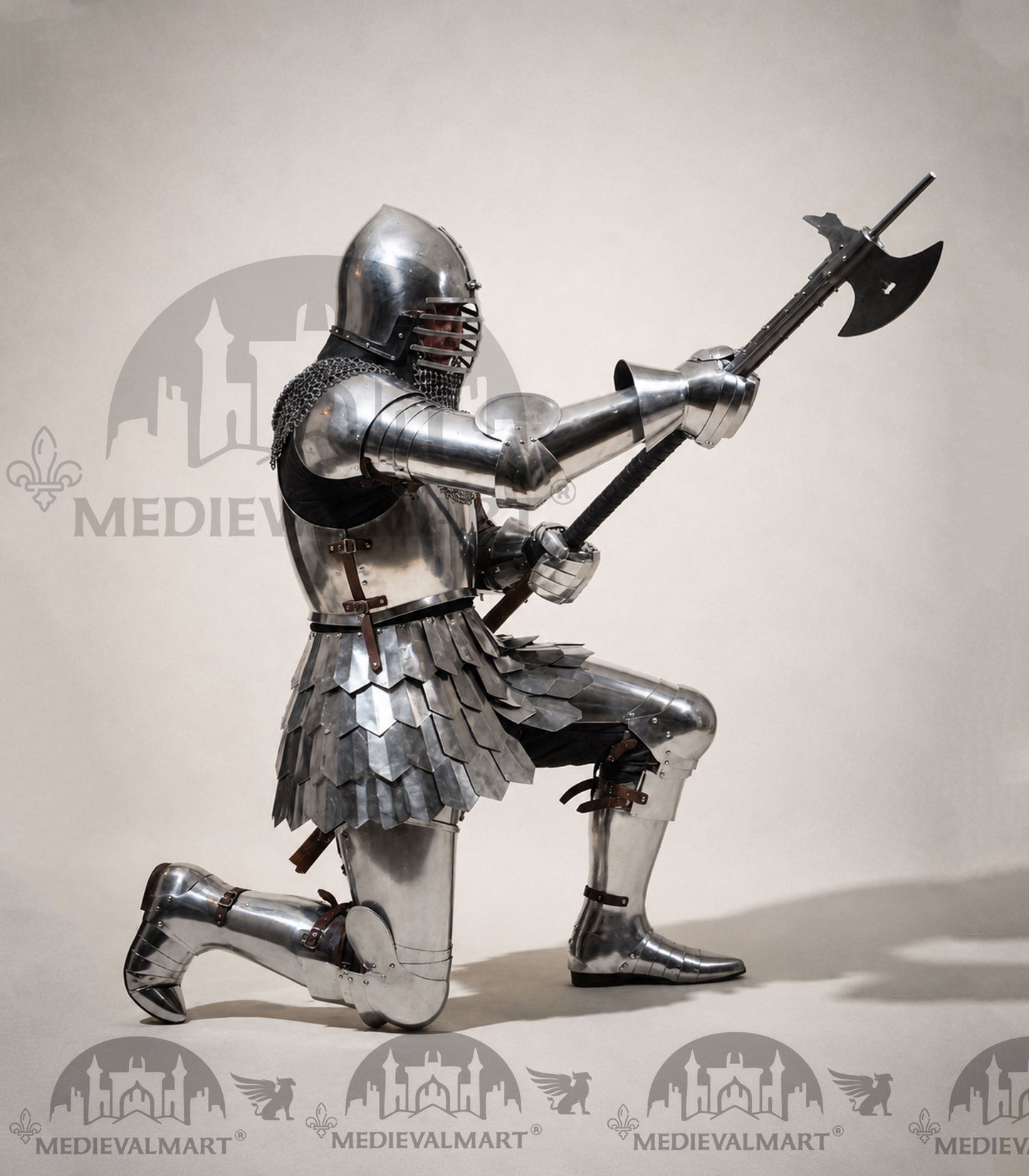MEDIEVALMART 14th Century Knight Crusader-Era Transitional Plate Hybrid Armor W/H Wolf Ribs Bacinet & Pole Arms Hammer