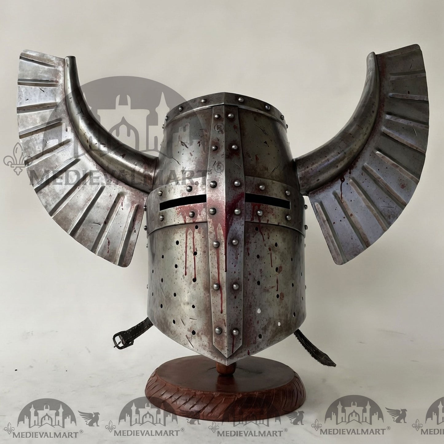 MEDIEVALMART Medieval Templar Warrior Teutonic Damage Silver W/H Blood Finish Wing Helmet with Free Stand
