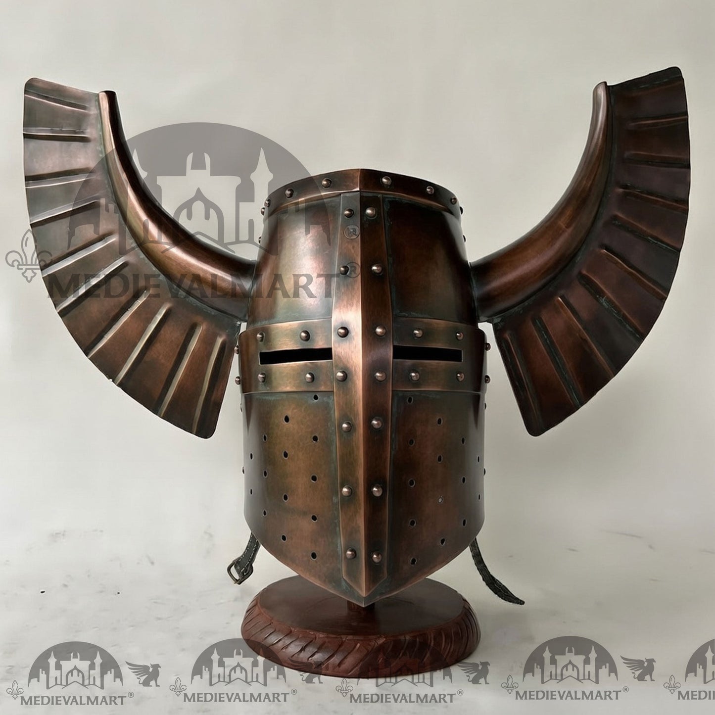 MEDIEVALMART Medieval Templar Warrior Teutonic Antique Copper Finish Wing Helmet with Free Stand
