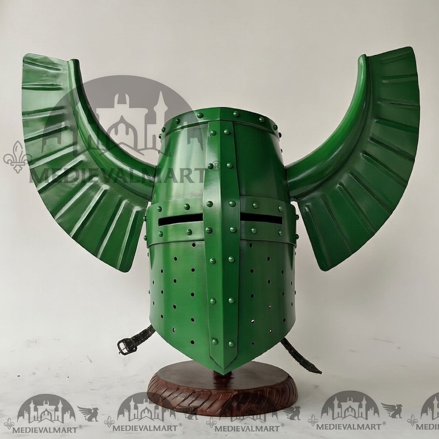 MEDIEVALMART Medieval Templar Warrior Teutonic Green Finish Wing Helmet with Free Stand