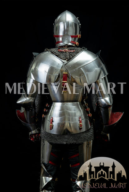 MEDIEVALMART 14th-Cen European English Hardend Steel Plate Armor Buff Polish W/H Houndskull Closed Bascinet