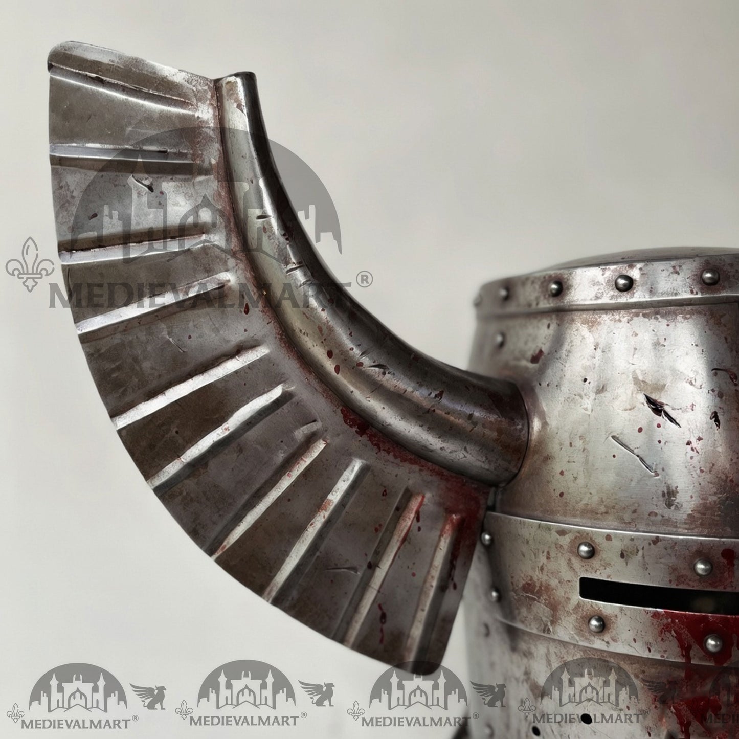 MEDIEVALMART Medieval Templar Warrior Teutonic Damage Silver W/H Blood Finish Wing Helmet with Free Stand