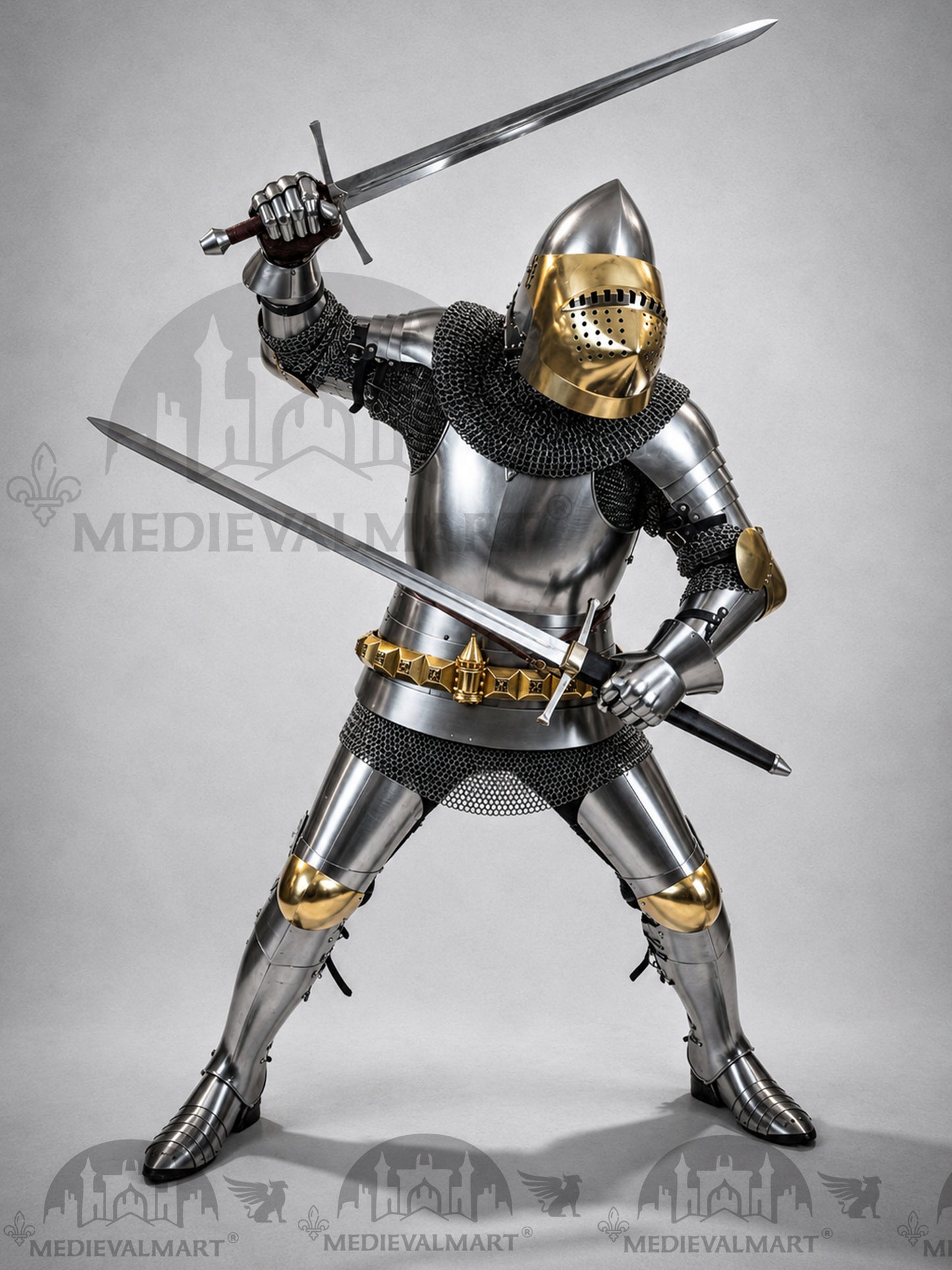 MEDIEVALMART Historical Knight Full Body Steel Armor Suit W/H Hundsgugel Helmet, Cuirass Stop Rib or Brass Touch