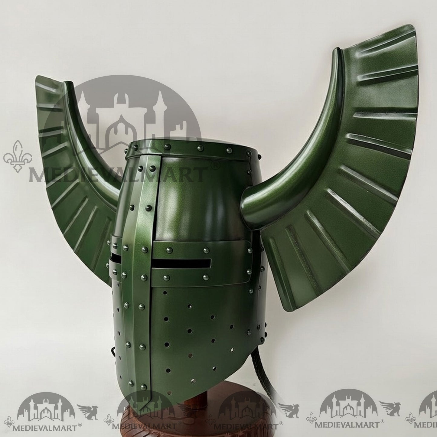 MEDIEVALMART Medieval Templar Warrior Teutonic Jade Green Finish Wing Helmet with Free Stand