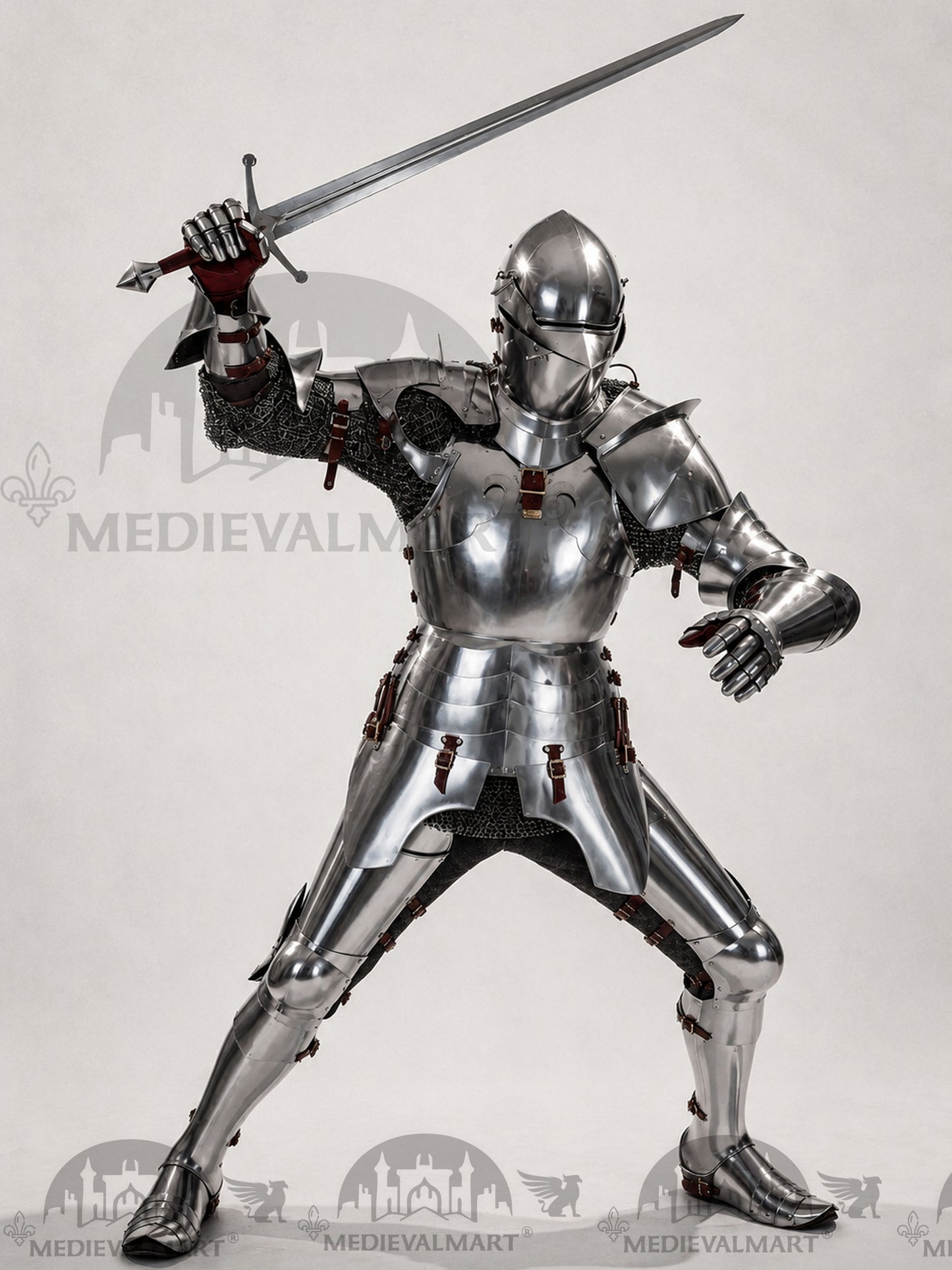 MEDIEVALMART 14th-Cen European English Hardend Steel Plate Armor Buff Polish W/H Houndskull Closed Bascinet