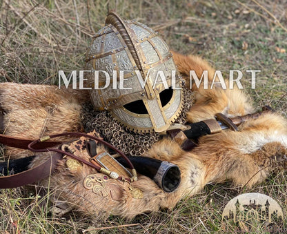 MEDIEVALMART Medieval Viking Vendel Period Broa Helmet with Bass Decoration & Titanium Chainmail