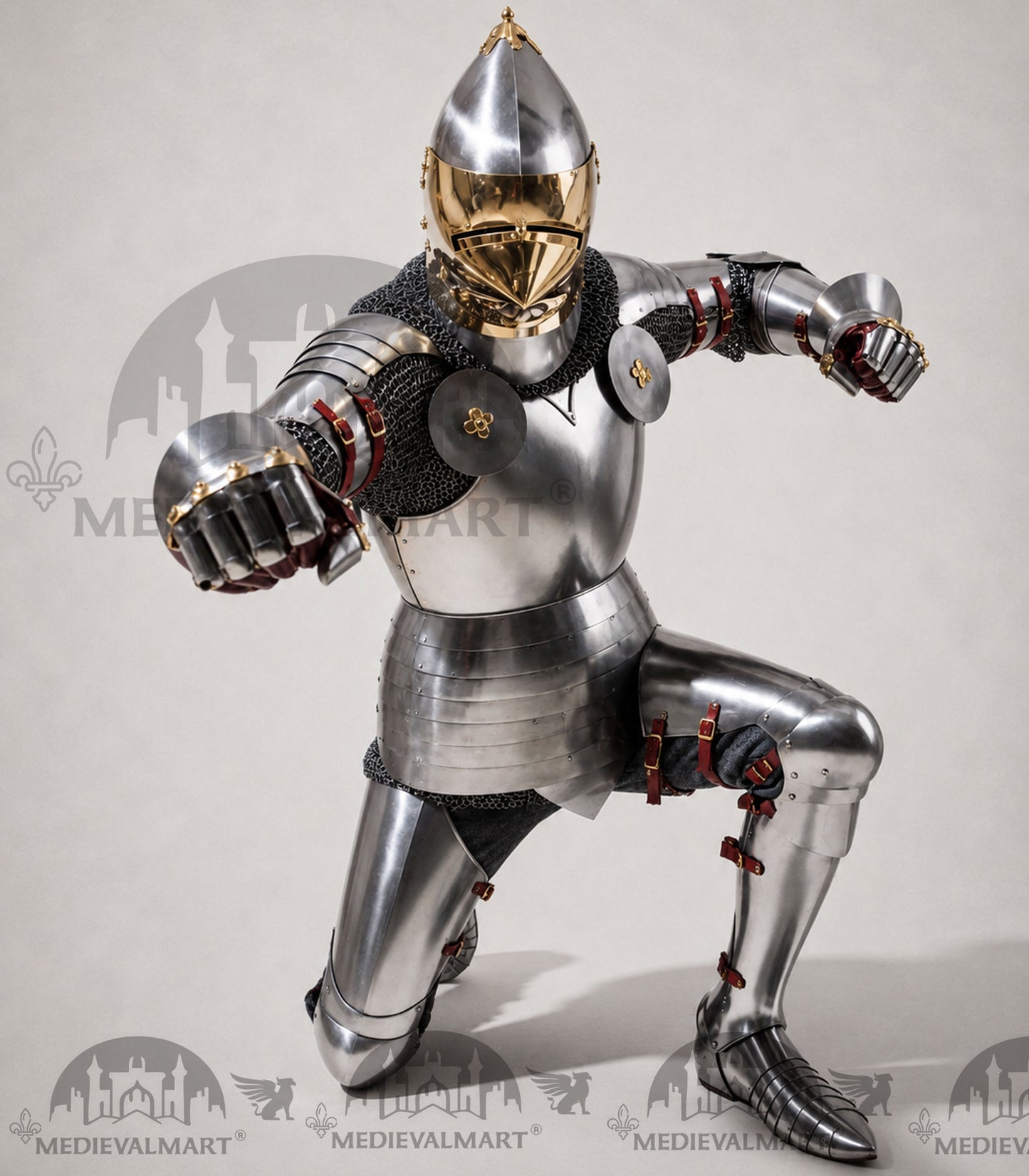 MEDIEVALMART 15th-Century English knight Warrior Gothic Plate Armor Costume W/H Gold Face Hounskull Helmet