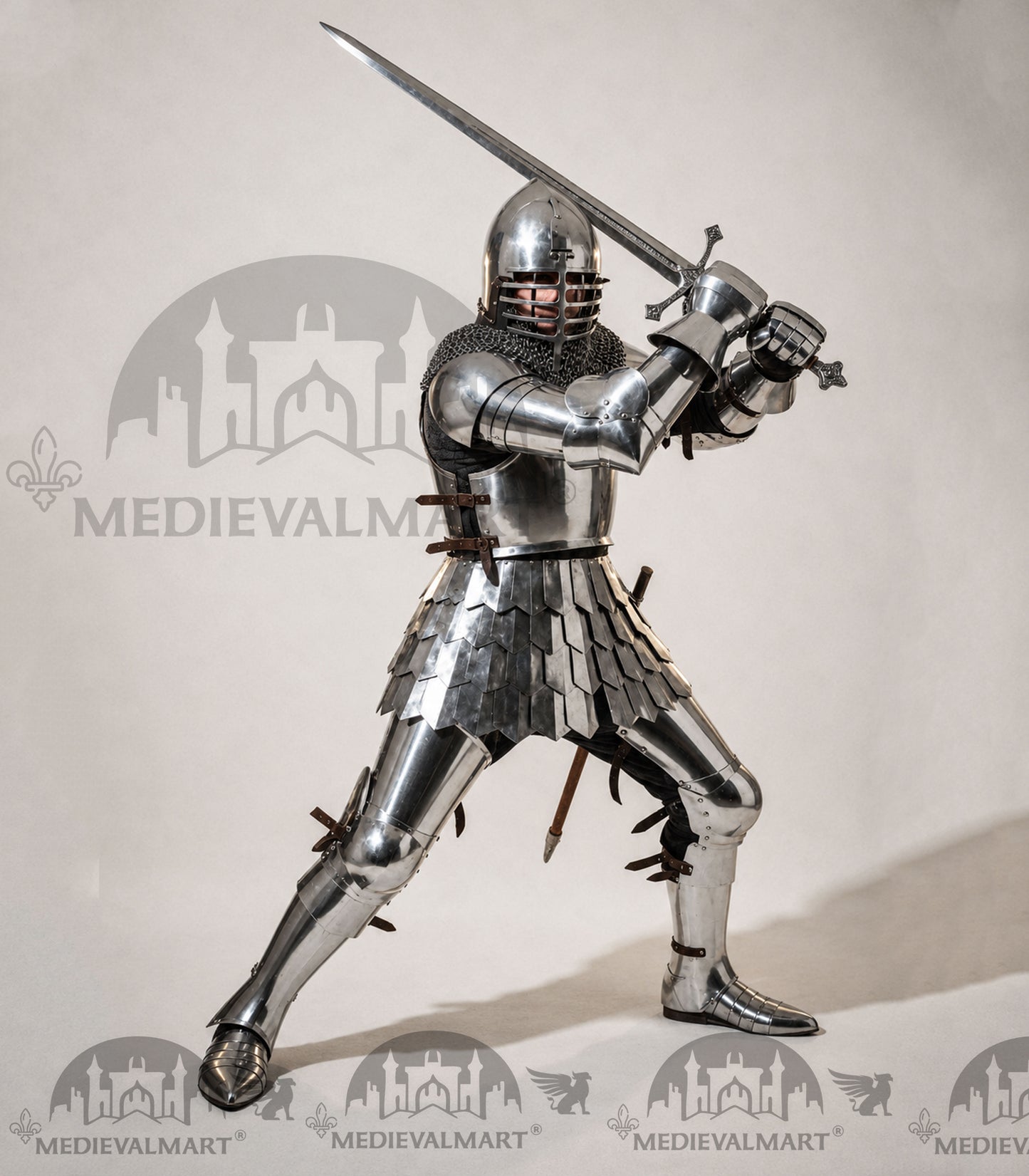 MEDIEVALMART 14th Century Knight Crusader-Era Transitional Plate Hybrid Armor W/H Wolf Ribs Bacinet & Pole Arms Hammer