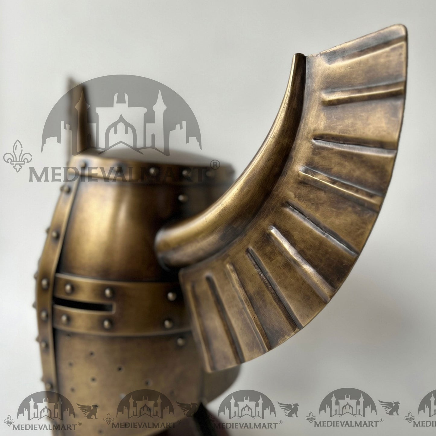 MEDIEVALMART Medieval Templar Warrior Teutonic Antique Gold Finish Wing Helmet with Free Stand