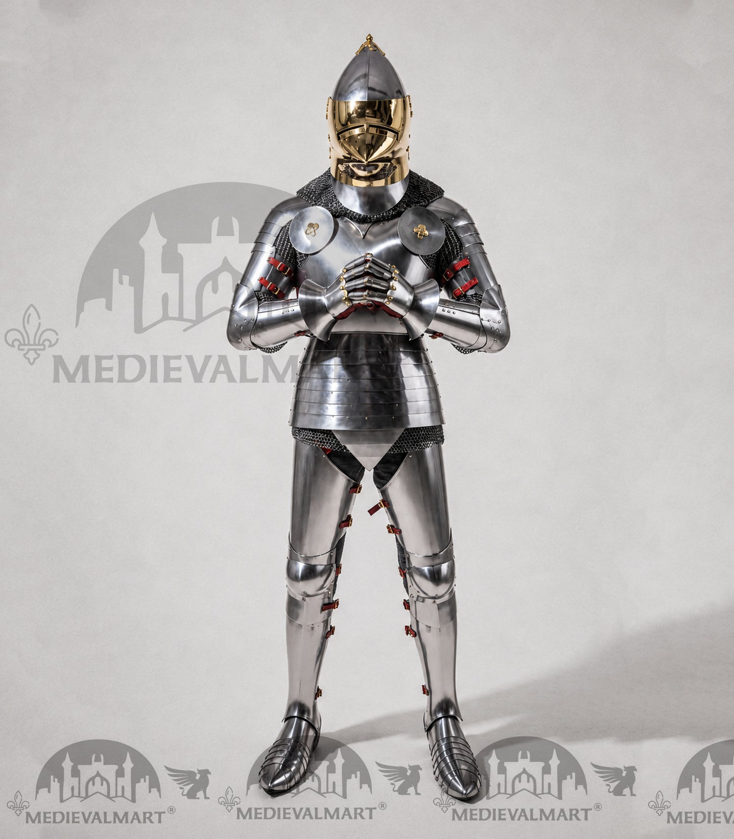 MEDIEVALMART 15th-Century English knight Warrior Gothic Plate Armor Costume W/H Gold Face Hounskull Helmet