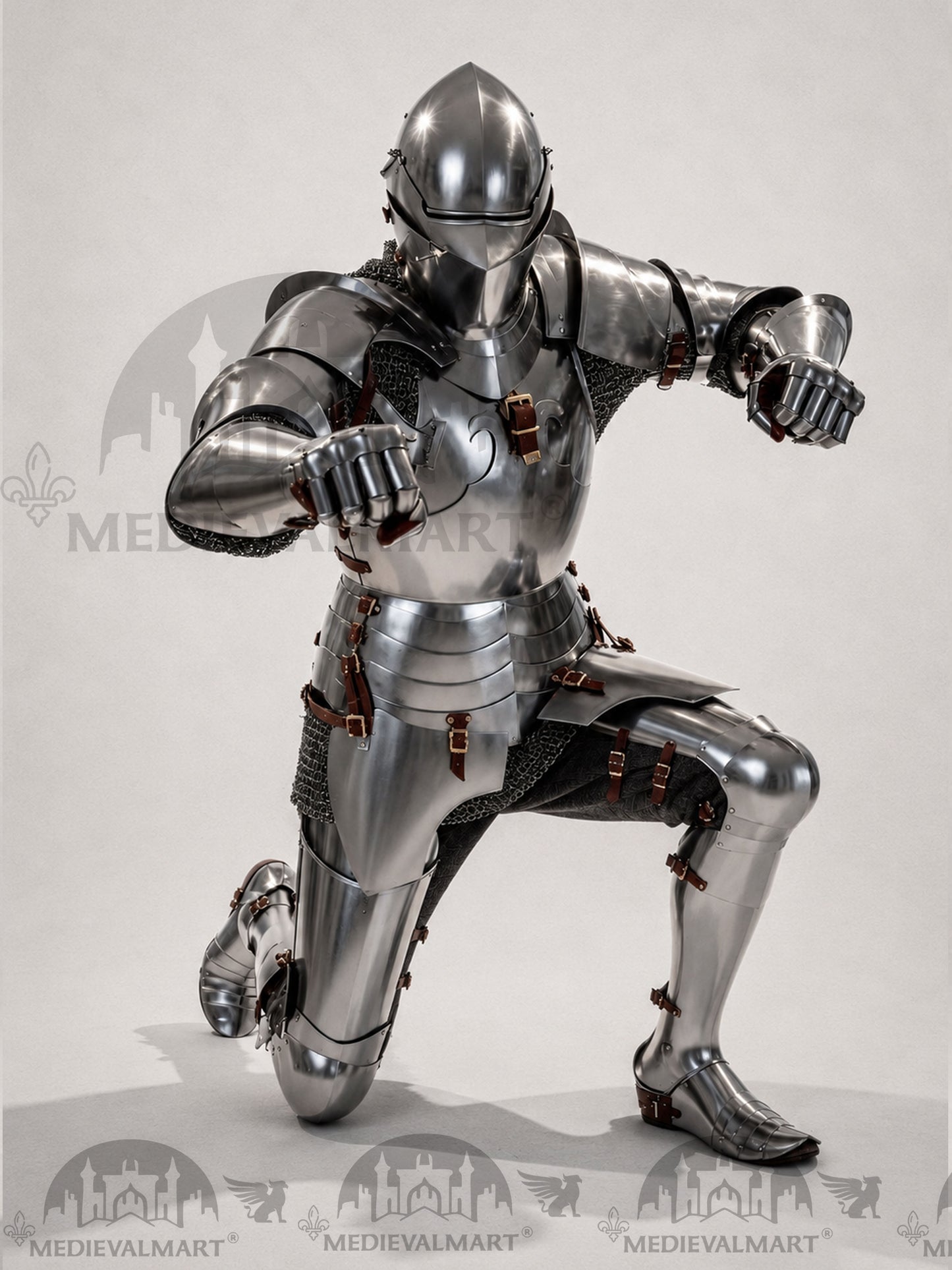 MEDIEVALMART 14th-Cen European English Hardend Steel Plate Armor Buff Polish W/H Houndskull Closed Bascinet