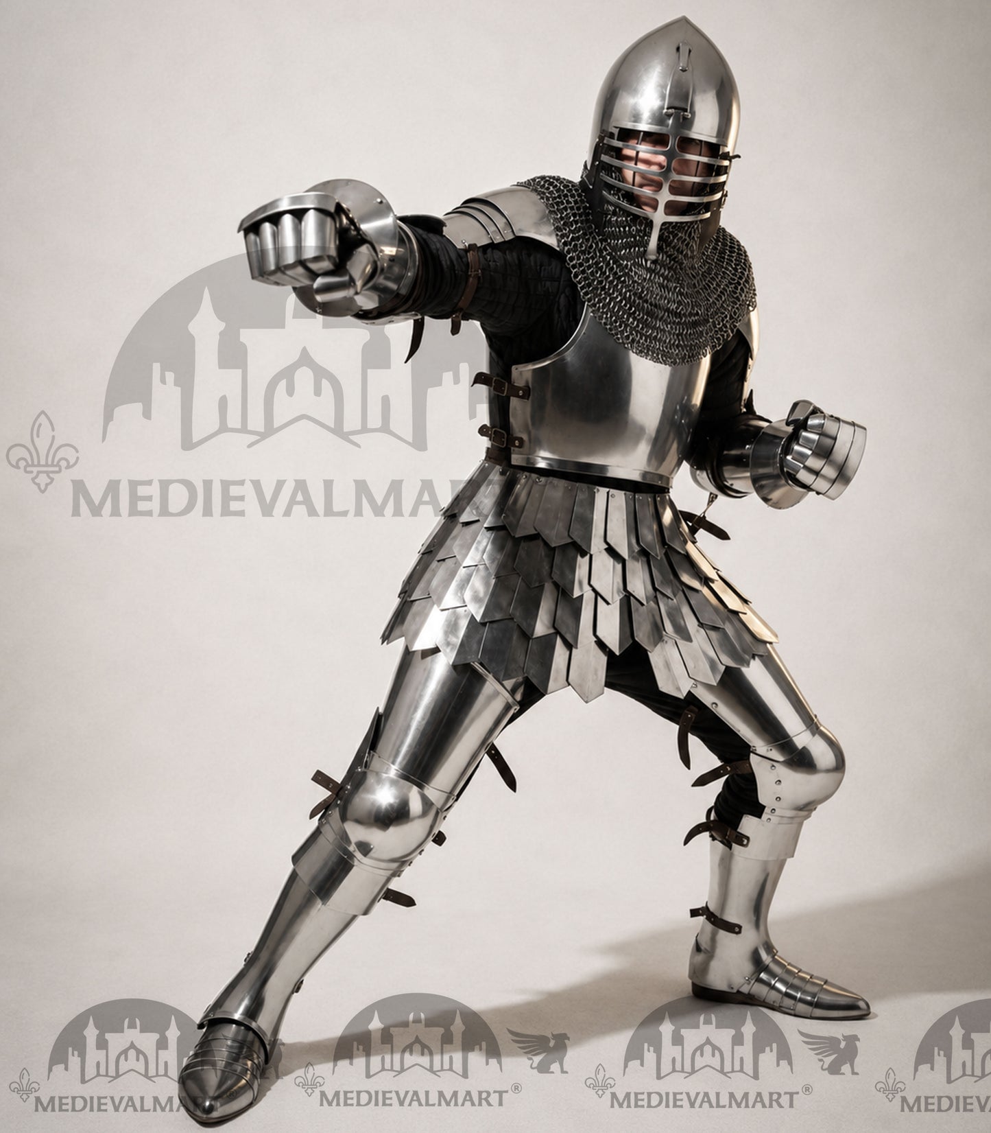 MEDIEVALMART 14th Century Knight Crusader-Era Transitional Plate Hybrid Armor W/H Wolf Ribs Bacinet & Pole Arms Hammer