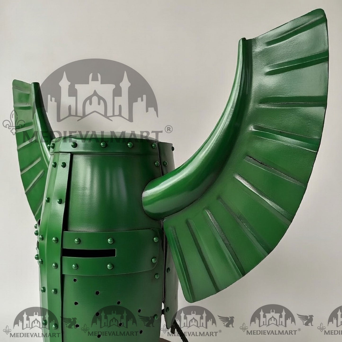 MEDIEVALMART Medieval Templar Warrior Teutonic Green Finish Wing Helmet with Free Stand