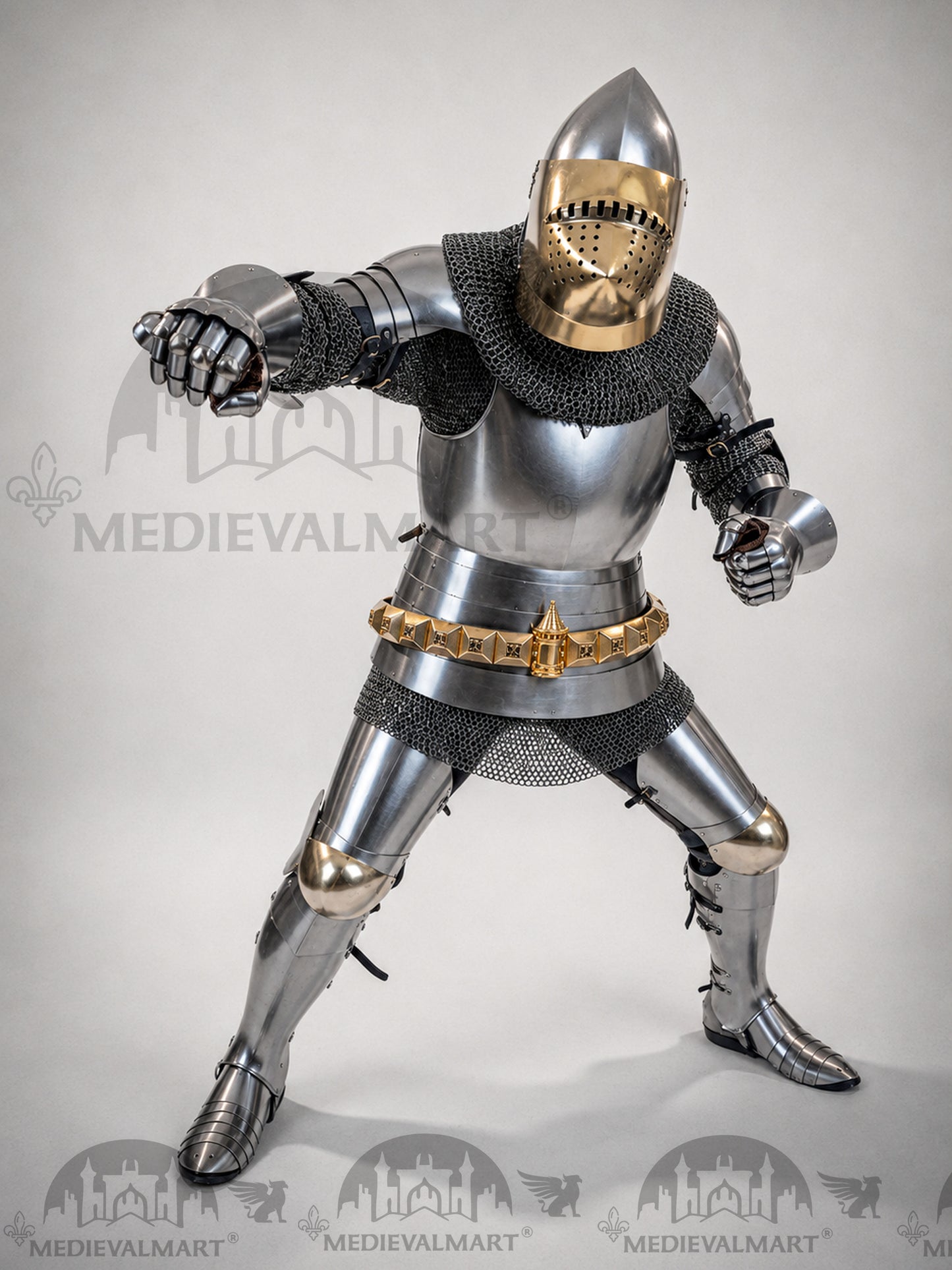 MEDIEVALMART Historical Knight Full Body Steel Armor Suit W/H Hundsgugel Helmet, Cuirass Stop Rib or Brass Touch