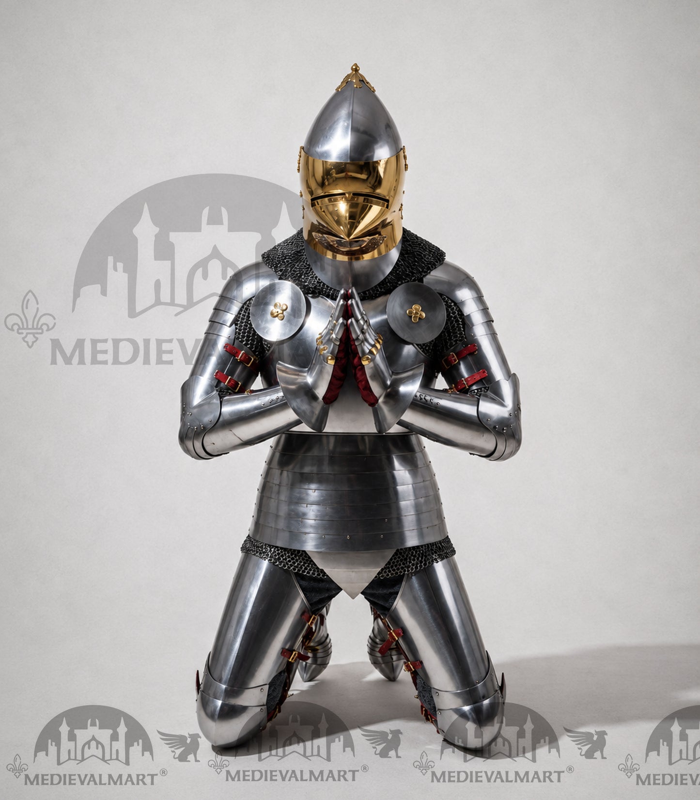 MEDIEVALMART 15th-Century English knight Warrior Gothic Plate Armor Costume W/H Gold Face Hounskull Helmet