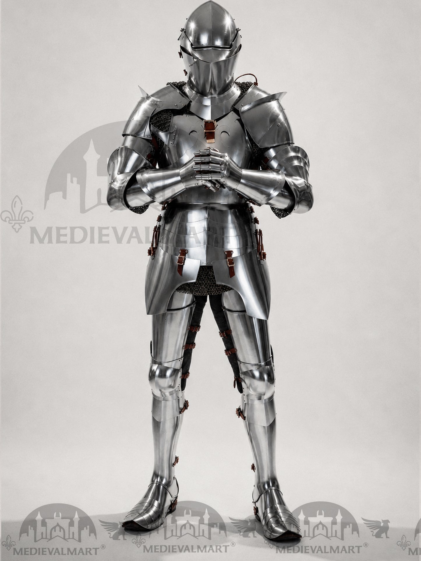 MEDIEVALMART 14th-Cen European English Hardend Steel Plate Armor Buff Polish W/H Houndskull Closed Bascinet